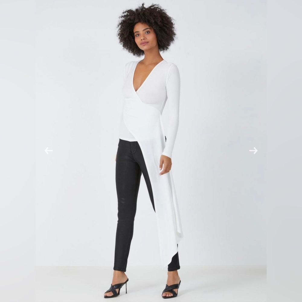 BCBGMAXAZRIA Asymmetrical Cascade Top Long Sleeve V-Neck White Women’s Sz XXS
